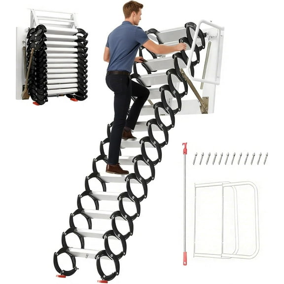 12 Steps Ceiling Mount Attic Ladder, 10FT Attic Ladder with Armrests, Alloy Extension Step Ladders with Pull Down System for Home,Basements,Garage,1102lbs Load