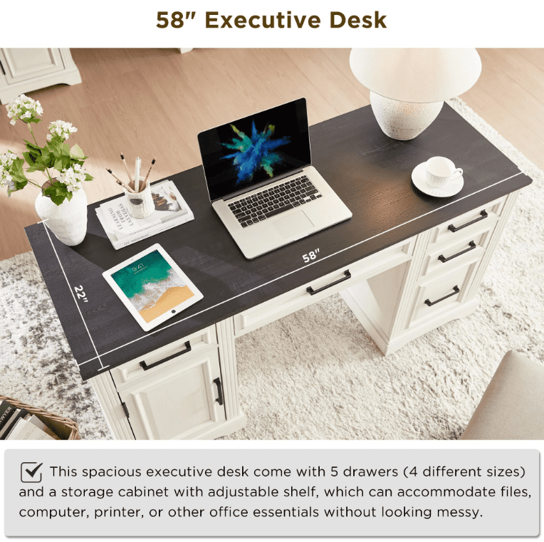 Huisuilinss Farmhouse Executive Desk,Home Office Desk,Wood Computer Desk With 5 Drawers And 1 Cabinet,Office Desk Work Desk For Work Study Writing,For Bedroom Game Room