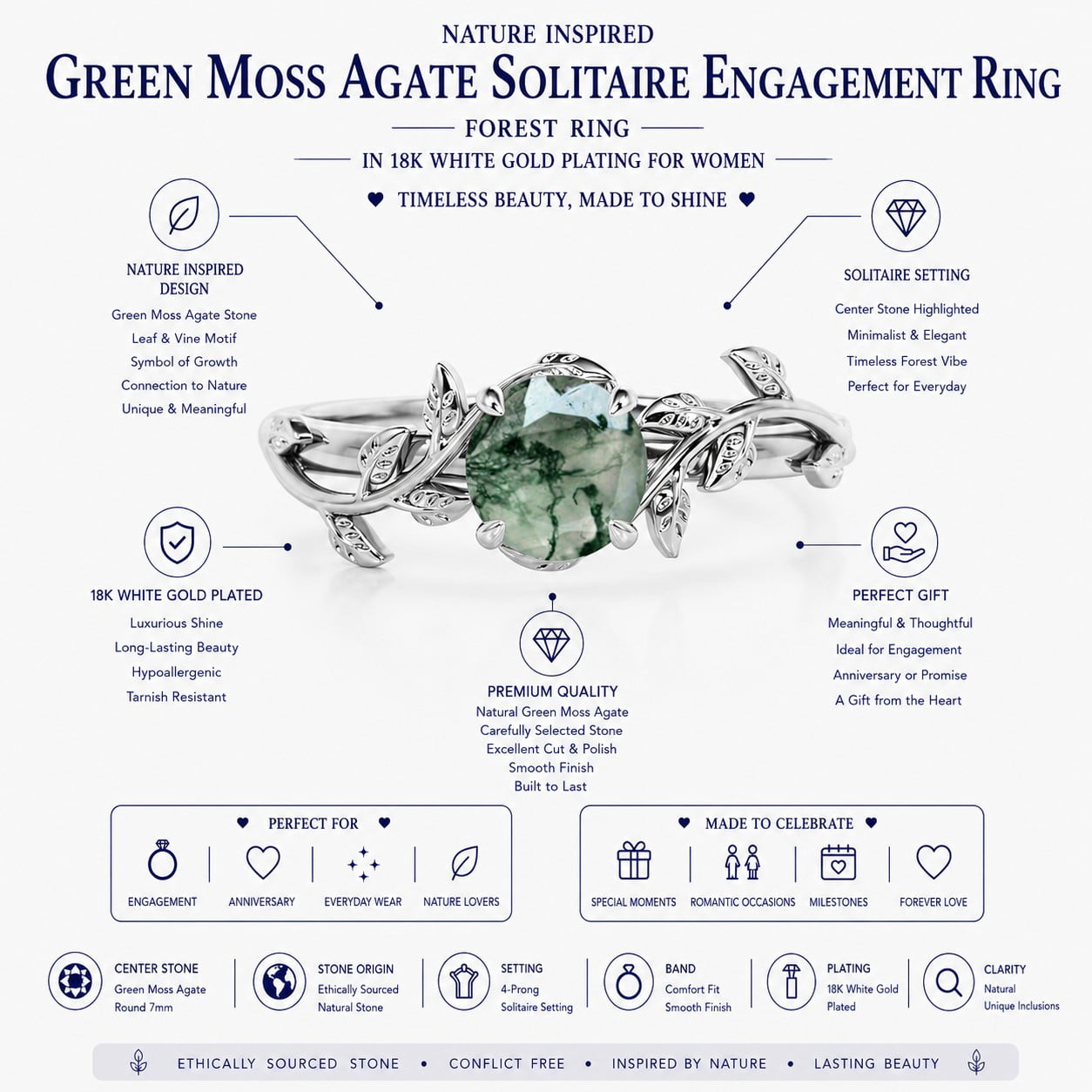 JeenMata Nature Inspired 0.50 Carat Natural Green Moss Agate Solitaire Engagement Ring - Forest Ring - 18K White Gold Plating for Women