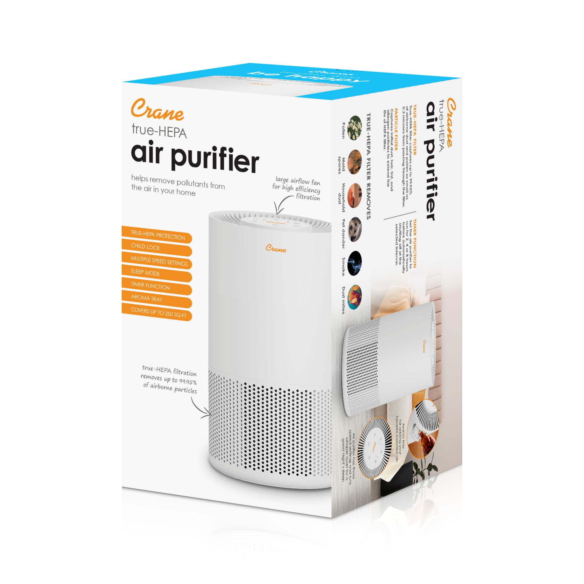Crane True HEPA Air Purifiers for Home, Up To 250 Sq Ft, with Sleep Timer, Child Lock, Aroma Tray