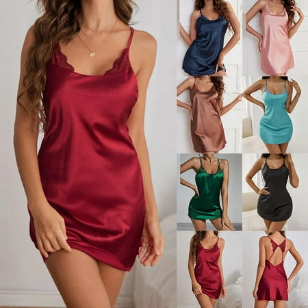 

Womens Lace Satin Nightdress Strappy Cross Backless Vest Sleepwear Babydoll Robe