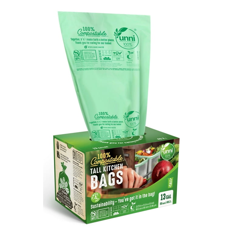 13 Gallon Compostable Tall Kitchen Trash Bags, 50 Counts, Flat Top