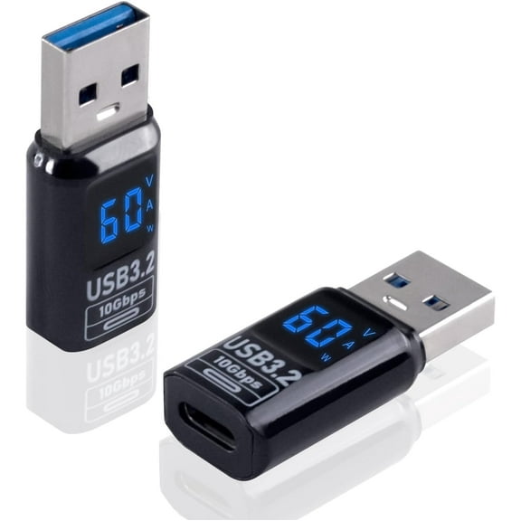 2pack USB C Female to USB Male Adapter 10Gbps, USB A to USB C Adapter with Digital Display 60W Power Delivery, One-Sided Data
