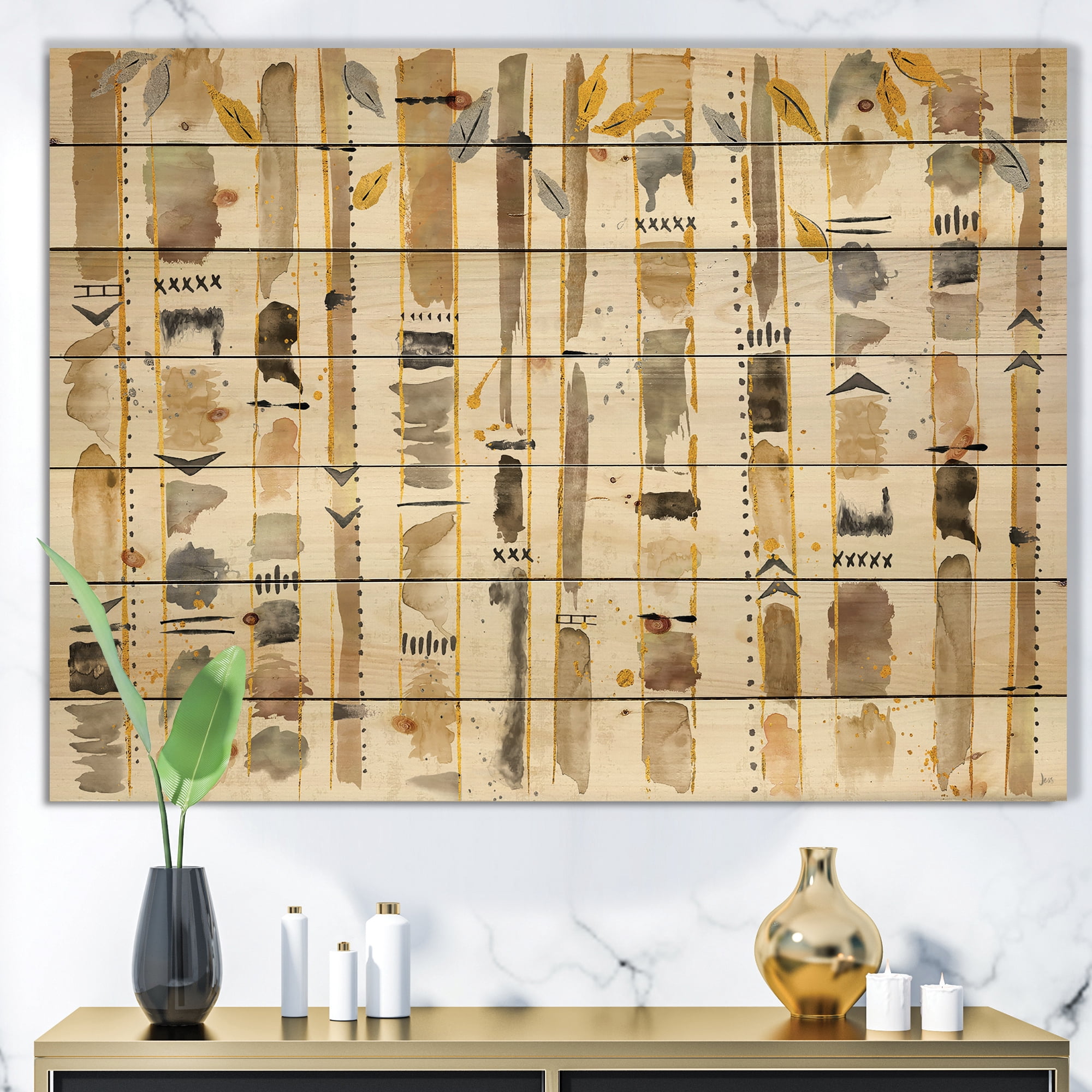Designart 'Abstract Gold Birch Trees Pattern' Modern & Transitional Print on Natural Pine Wood