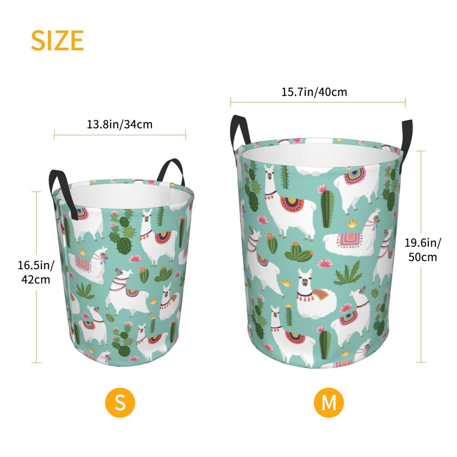Large Laundry Basket with Handles - White Cute Alpaca Green Cactus Kids Baby Dirty Clothes Laundry Hamper for Bedroom Aesthetic