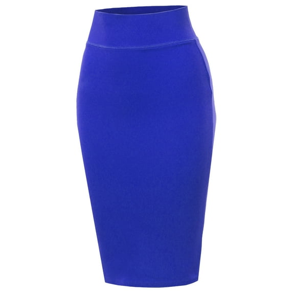 A2Y Women's Basic Solid Ponte Knee Length Slit Techno Span High Waist Pencil Skirt Royal Blue M