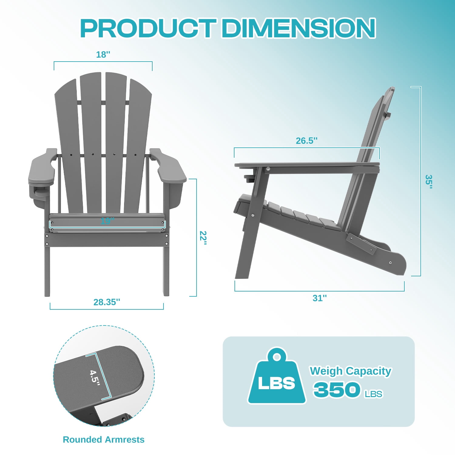 FODINGHILL Folding Adirondack Chair Set of 2,HDPE All Weather Fire Pit Chairs,Outdoor Plastic Chairs for Patio Porch Garden,Grey