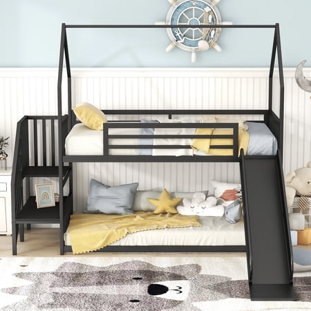 Metal Bunk Bed with Slide  Twin over Twin Bunk Bed with Stairs  Bunk Bed Twin Size with Slide and Staircase for Kids Teens Girls Boys  No Spring Box Needed