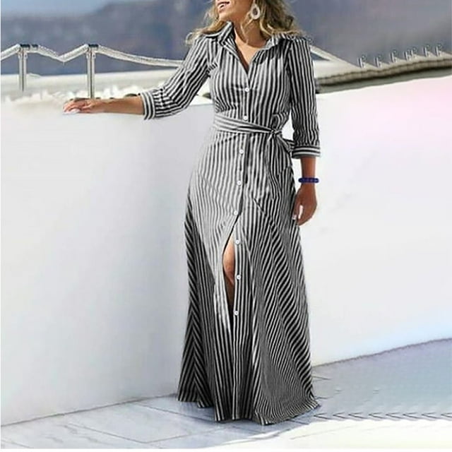 JUNWELL Robes Chemises à Manches Longues pour Femmes Mode à Rayures Imprimées Boutonnée avec Ceinture Robe Maxi Longue Chic Décontractée Coupe Ajustée Fendue Robe de Travail
