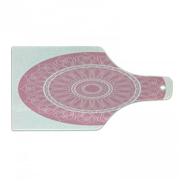 Pink Mandala Cutting Board, Circular Cosmos Motif with Geometric Culture Lines, Decorative Tempered Glass Cutting and Serving Board, in 3 Sizes, by Ambesonne