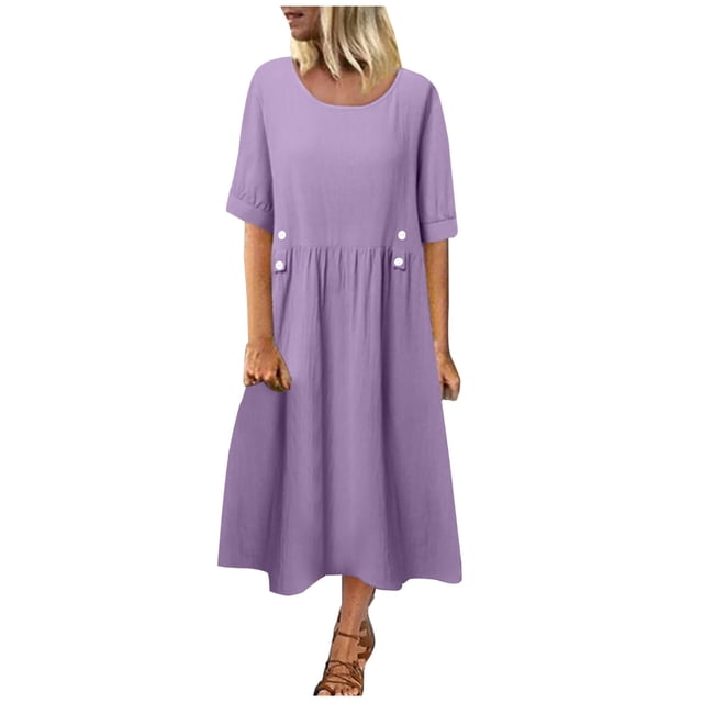 Bowake Femmes Été Décontracté Coton Lin Robes Manches Courtes Couleur Unie T-Shirt Robe Col Rond Robe Maxi en Vrac