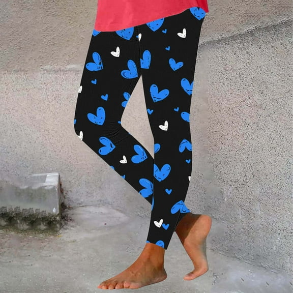 BLTIBY Valentine's Day Leggings for Women High Waisted Love Heart Graphic Workout Yoga Long Pants Spring Fashion Trousers Blue L