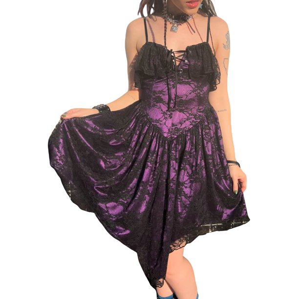 VISgogo Vestido de tirantes para mujer, vestido midi irregular de verano con tirantes finos y cordones de encaje VISgogo moda
