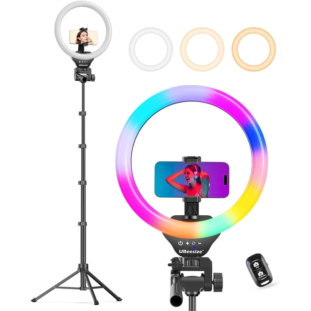 14'' LED Foldable Ring Light with 62'' Tripod Stand, Selfie Ring Light for Video Recording, Live Streaming, TikTok & YouTube, Compatible with & (Black)