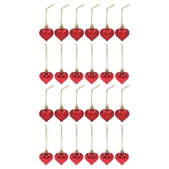 24 bolas colgantes navideñas con forma de corazón de plástico, con gancho desmontable y bordes redondeados.