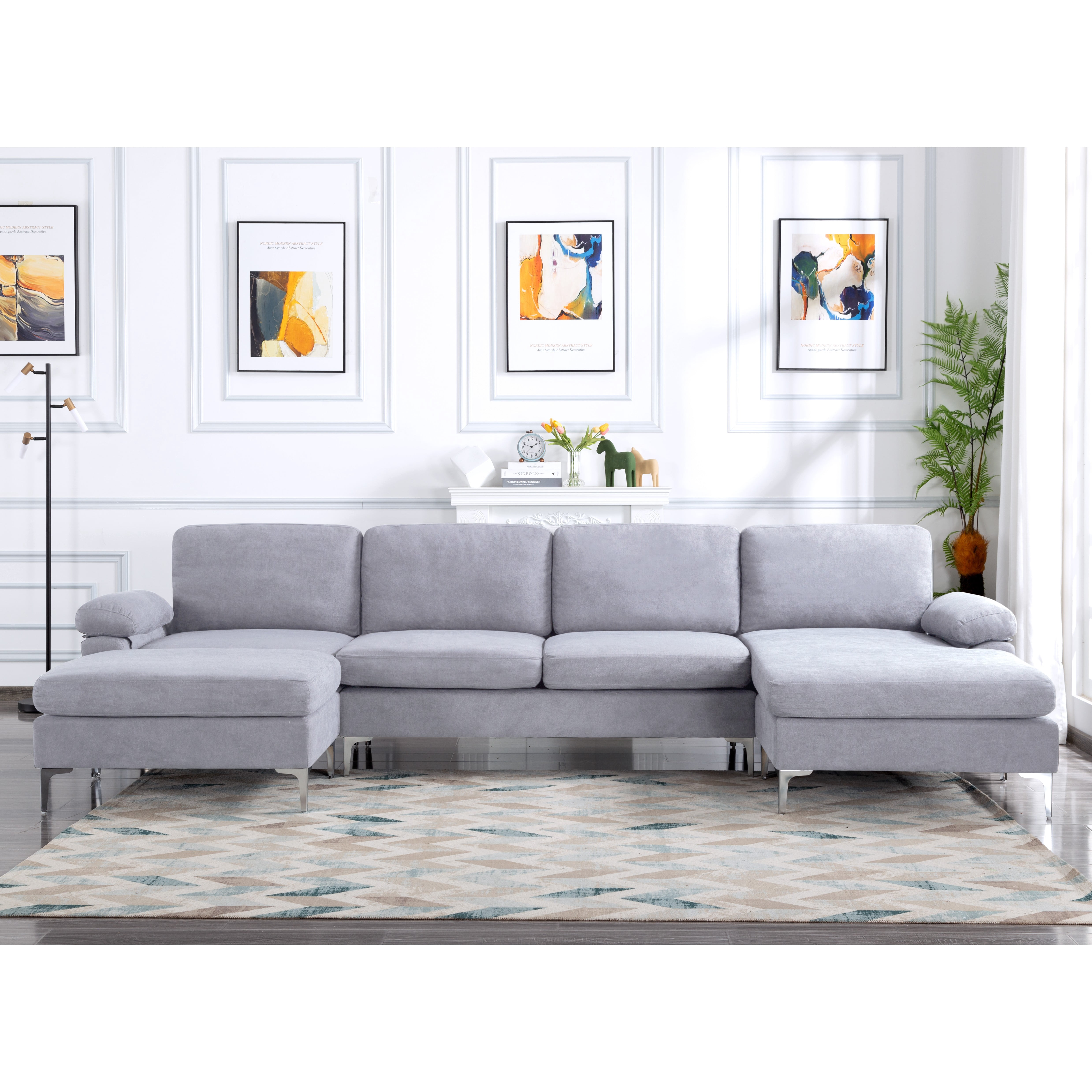 Oversized U-Shaped Sectional Sofa Couch,Convertible Modular Sofa,Upholstered Sleeper Sofa Couches with Reversible Chaise Lounge and Movable Ottomans for Living Room,Light gray