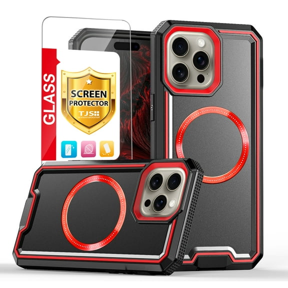 TJS for iPhone 15 Pro Max Phone Case, with Tempered Glass Screen Protector, Magnetic Wireless Charging Support Dual Layer Shockproof Hybrid Drop Protector Cover for Apple iPhone 15 Pro Max (Black)