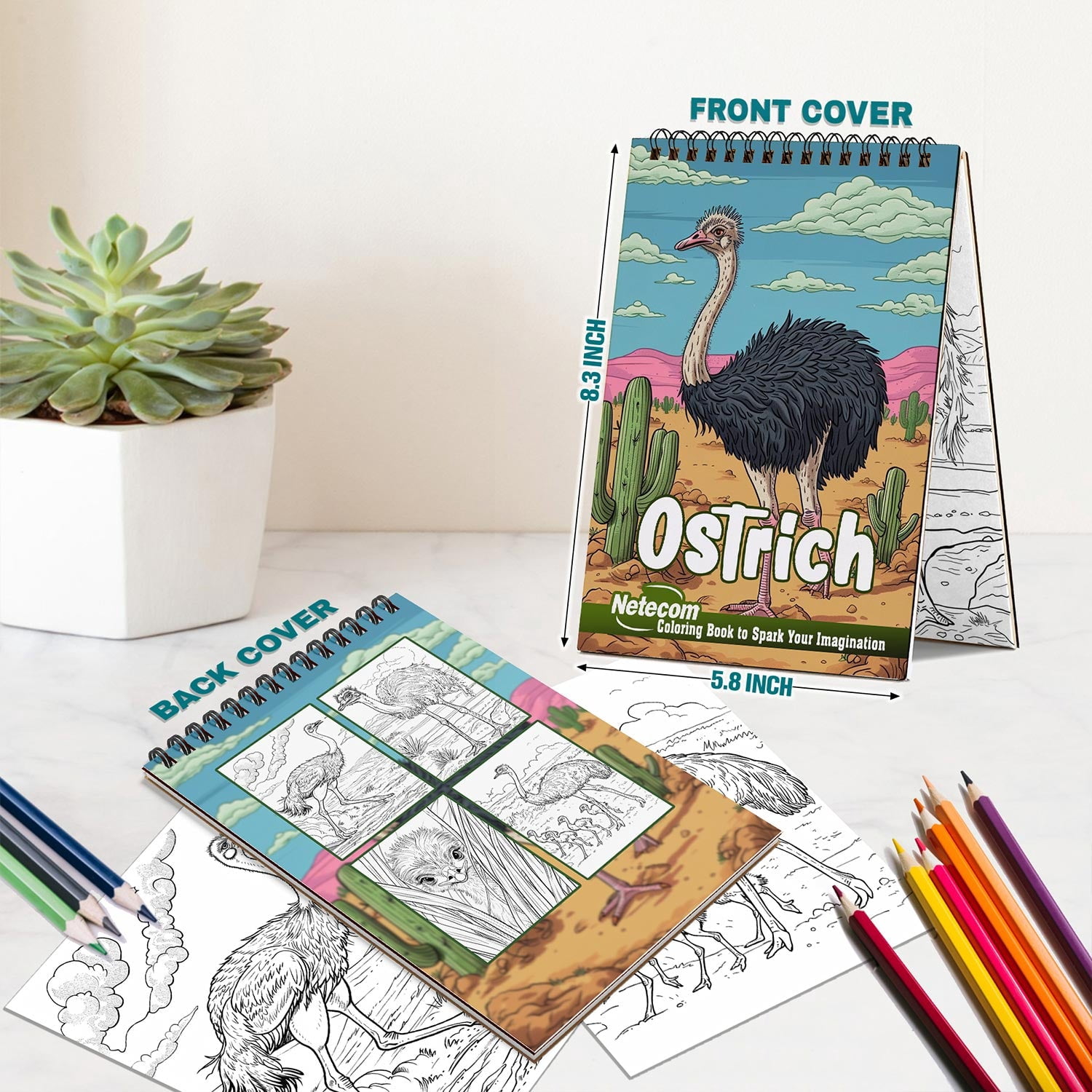 Netecom Ostrich Coloring Book Spiral Bound for Adults, A5 Wooden Cover, 30 Amazing Coloring Pages of Ostriches for Stress Relief and Relaxation