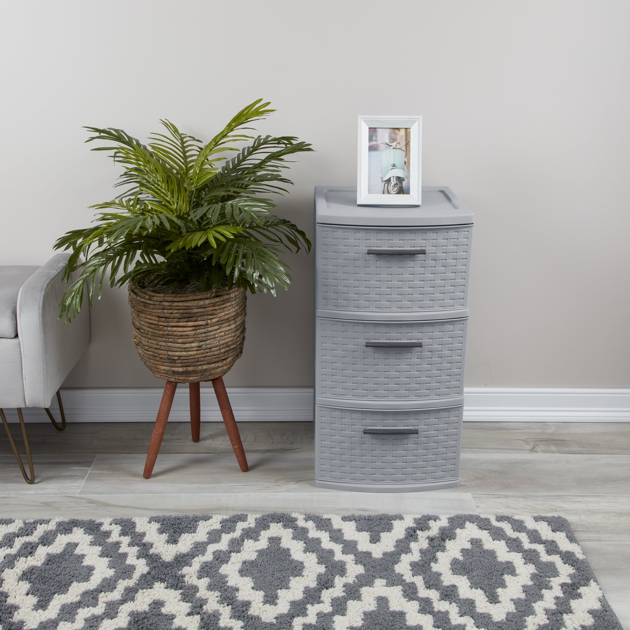 Sterilite 3 Drawer Weave Tower, Plastic Décor Drawers with Pull Handles, Gray