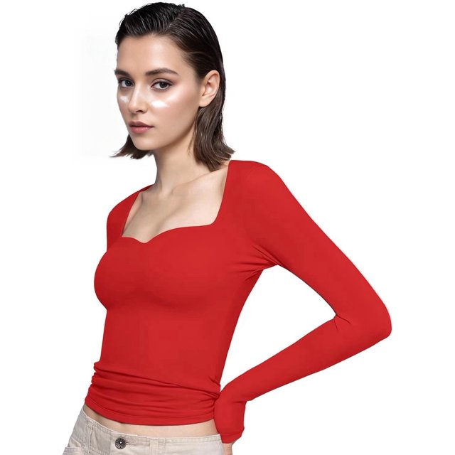 T-shirts à Manches Longues pour Femmes Col Cœur - Coupe Ajustée Hauts de Sortie Basique Tee Nuage de Fumée Collection Pro Rouge P