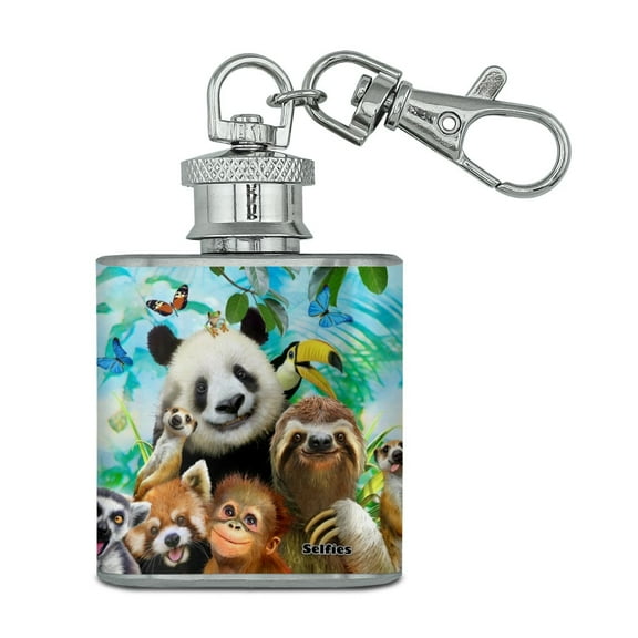 Zoo Animals Selfie Panda Bear Sloth Meercat Monkey Lemur Stainless Steel 1oz Mini Flask Key Chain