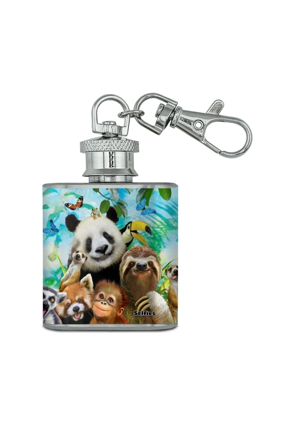 Zoo Animals Selfie Panda Bear Sloth Meercat Monkey Lemur Stainless Steel 1oz Mini Flask Key Chain