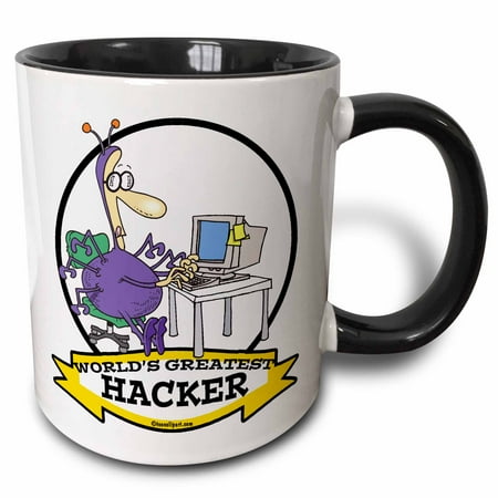 

3dRose Funny Worlds Greatest Hacker Cartoon - Two Tone Black Mug 11-ounce