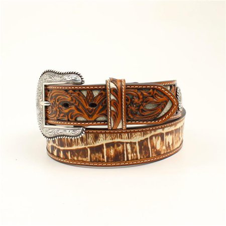 - Nocona N2410508-34 1.50 in. Croco Pierced Overlay Tabs Mens Belt & Buckle, Tan - Size 34
