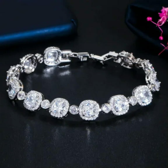 Silver Plated Princess Cut Cubic Zircon Women Square Tennis Link Chain Bracelet