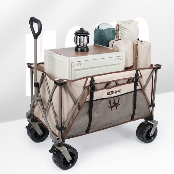 Heavy Duty Collapsible Wagon Cart, 380lb Load-Bearing Utility Wagon Cart with Big All Terrain Wheels, Folding Outdoor Wagon with Side Pocket for Beach, Camping, Outdoor Beige
