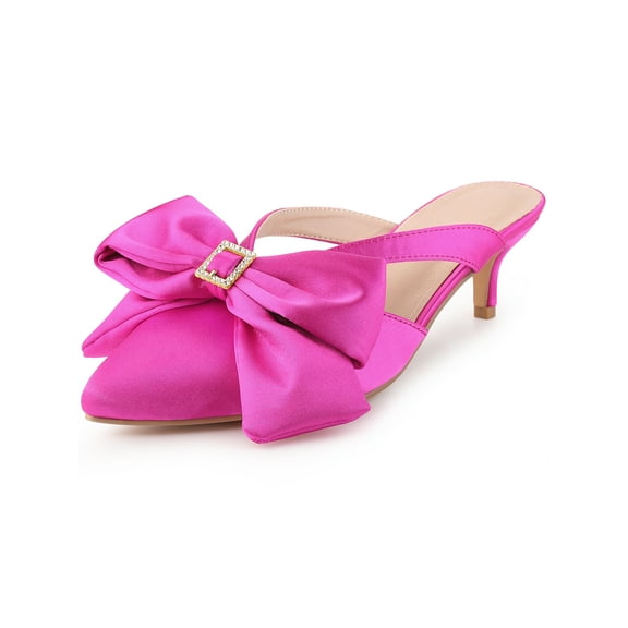 BLISSFUL STEP Women's Shoes Satin Bow Rhinestone Mules Pointed Toe Kitten Heel Slip-On Shoes Hot Pink 6