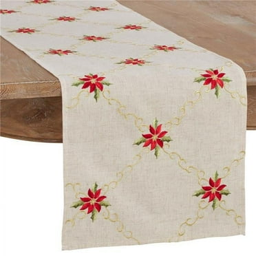 16 x 72 in. Embroidered Poinsettia Dining Table Runner, Natural