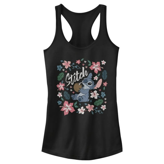 Junior's Lilo & Stitch Flowers and a Coconut  Racerback Tank Top Black X Large