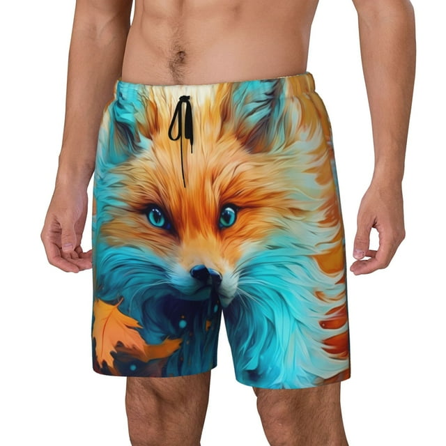 Kdxio Fiery Red Maple Leaf Fox Print Mens Swim Shorts with Mesh Lining, Breathable and Quick-Drying, Adjustable Waist, Privacy Pocket-Small