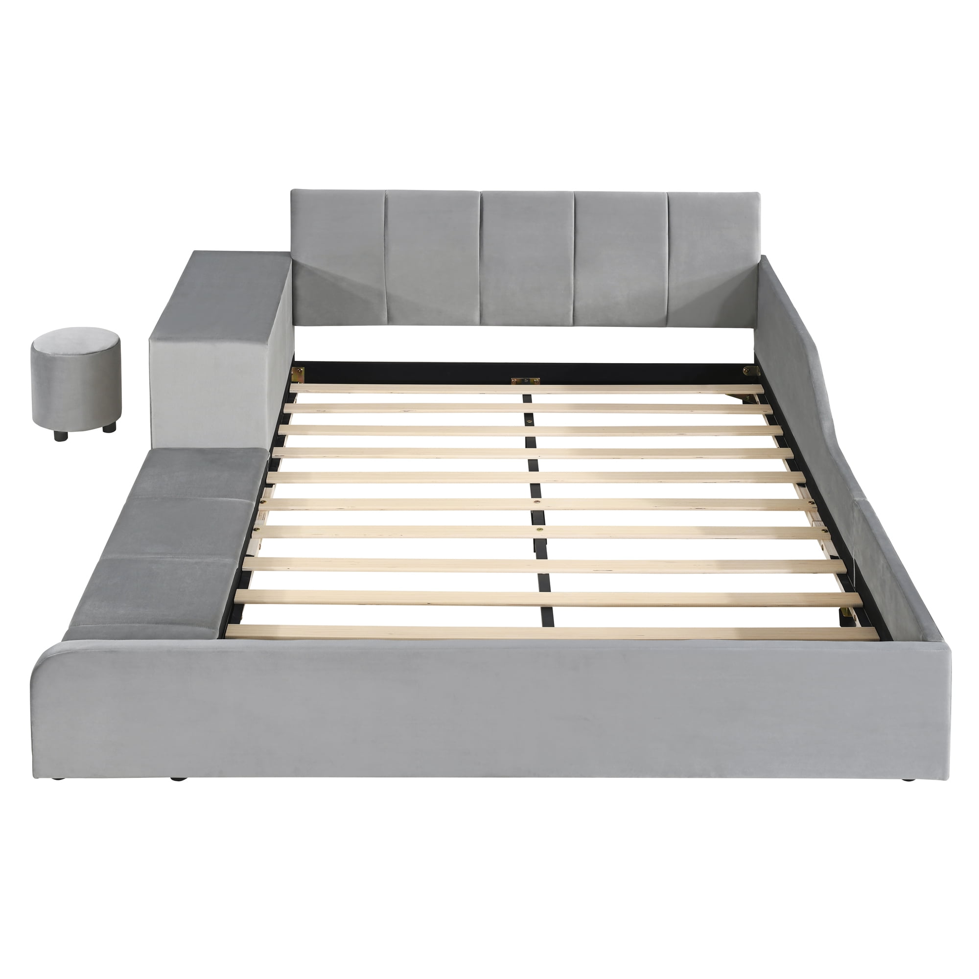 Aukfa Full Size Velvet Upholstered Mother & Child Bed Frame, Grounded Platform Bed with Bedside Desk & Round Stool, Floor Bed for Kids & Adults Bedroom, Gray