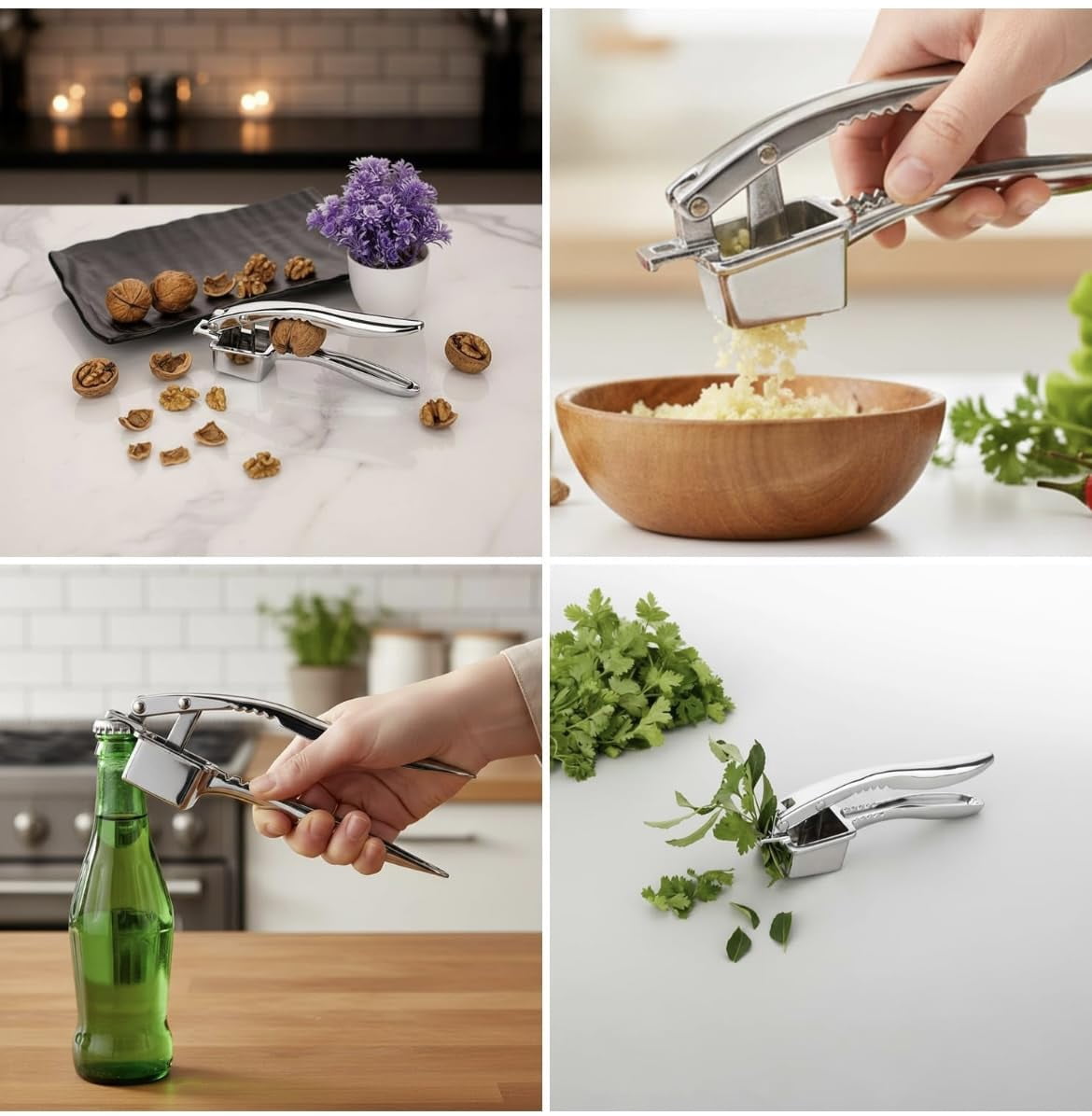 4-in-1 Stainless Steel Finish Garlic Press  Mincer Nut Cracker Plucker Bottle Opener Zinc Alloy Kitchen Tool