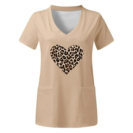 

Women Scrubs Tops Plus Size Top V Neck Short Sleeved Pockets Prints T Shirt Comfortable Nursing Uniform