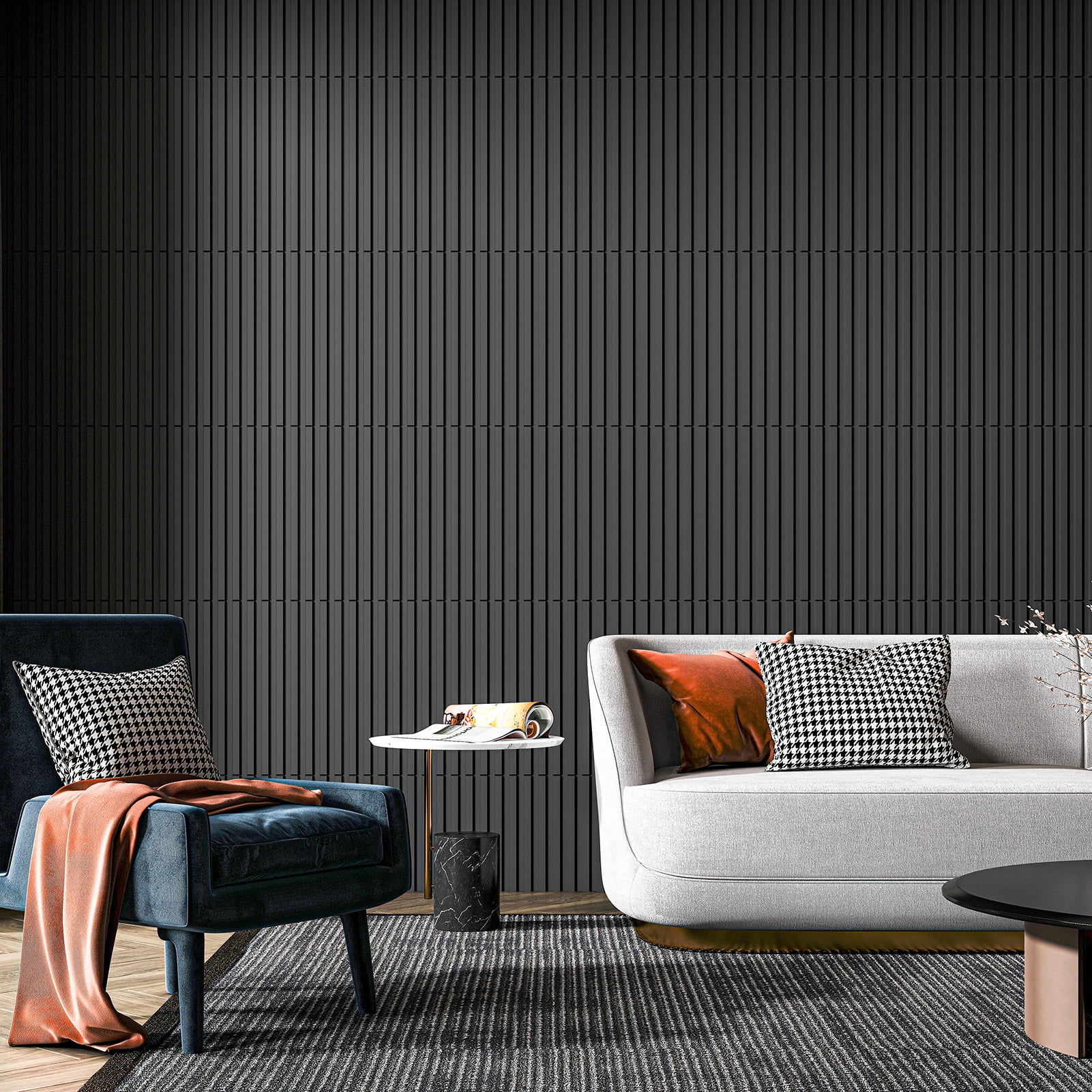 Art3d 3D Slat Design PVC Wall Panels, Black, 19.7x19.7in, 12 Pieces, Pack