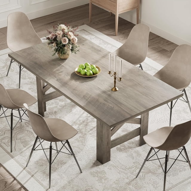 EDTara Farmhouse Dining Table, 71 Inch Wooden Dinner Table With Thick Frame and Triangular Legs for Kitchen or Office