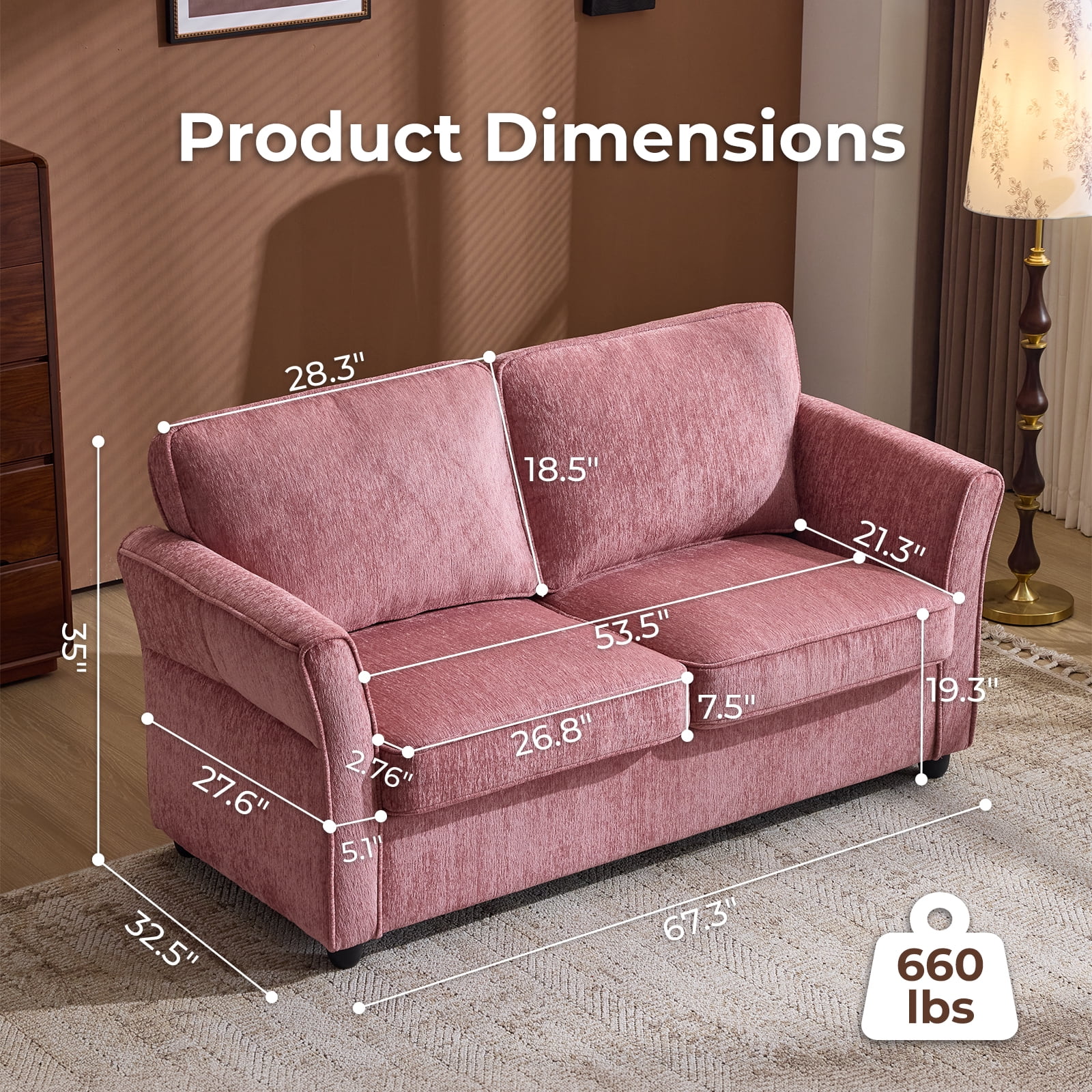 Ktaxon 68" Loveseat Sofa, 2-Seater Chenille Fabric Couch, Compact Sofa for Living Room, Bedroom, Apartment, Small Spaces Pink