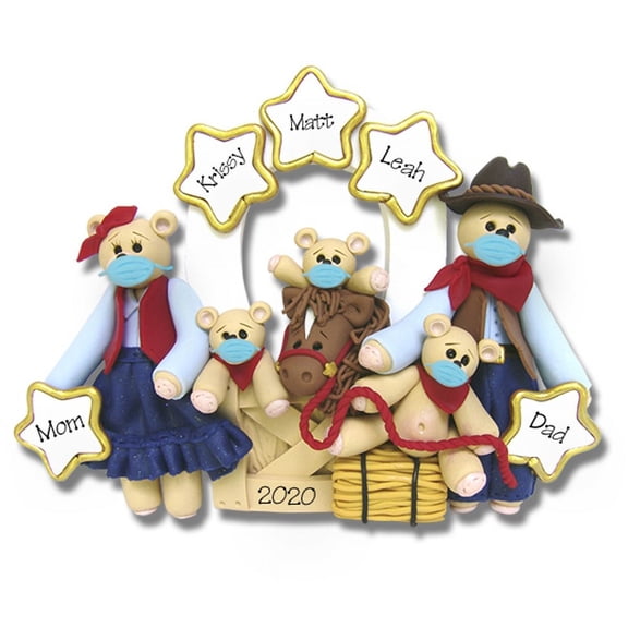 Covid-19 Cowboy Family of 5 with Face Masks Personalized Pandemic Coronavirus Quarantine Ornament
