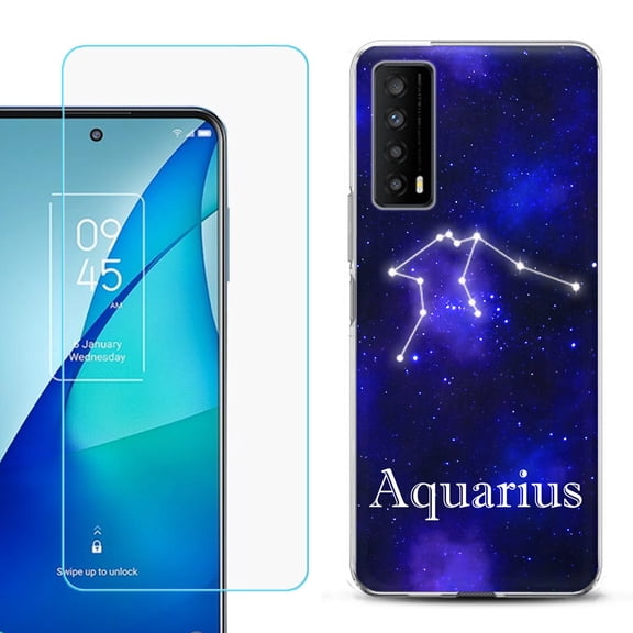 Slim-Fit Gel TPU Phone Case for TCL Stylus 5G, with Tempered Glass Screen Protector, by OneToughShield ® - Zodiac / Aquarius