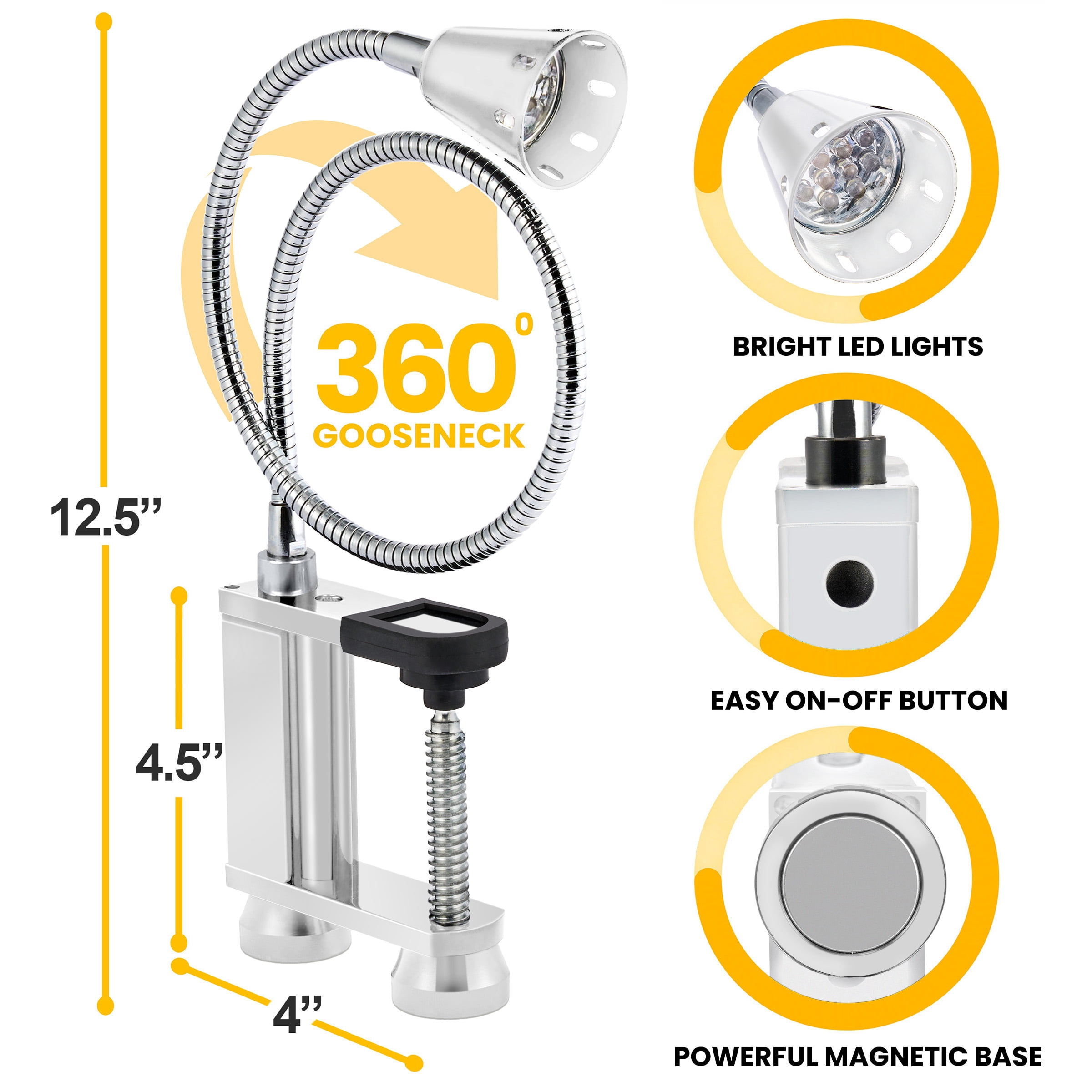 LED Concepts Flexible Magnetic Grill Light, 2-Pack, Silver, 360° Gooseneck