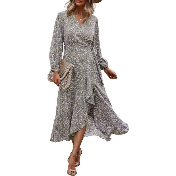 Vestido largo vintage cruzado de manga larga con estampado floral y escote en V para mujer con cinturón