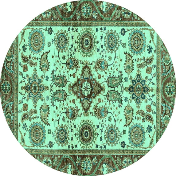 Ahgly Company Machine Washable Indoor Round Oriental Turquoise Blue Traditional Area Rugs, 8' Round