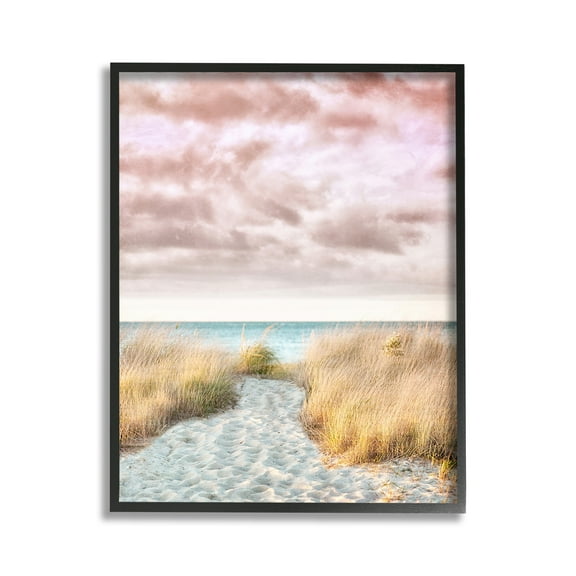 Stupell Industries Beach Path with Pink Sky Landscape Photography Black Framed Art Print Wall Art, 11 x 14