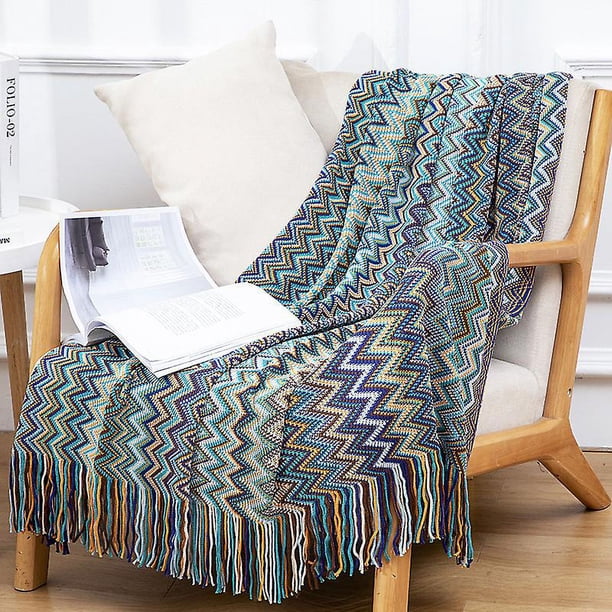 Manta pequeña con borde cruzado, manta bohemia para sofá, manta para la siesta, manta para el aire acondicionado de la oficina de verano con manta para el final de la cama, 130 x 230 cm (azul)
