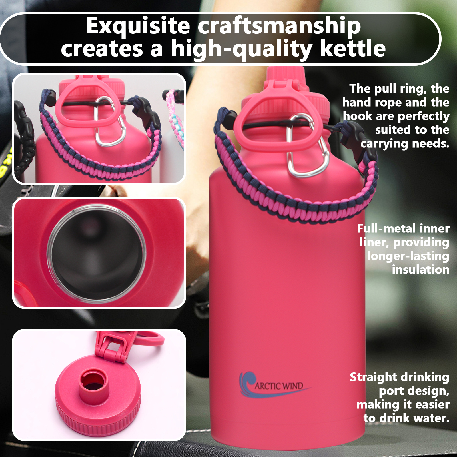 Arcticwind 64 oz Insulated Water Bottle, 304 Stainless Steel Leak Proof & BPA-Free, Half Gallon Water Bottle, Paracord Handle, 64oz Water Bottle Triple Wall Thermal Sweat-Proof Gallon Water Jug