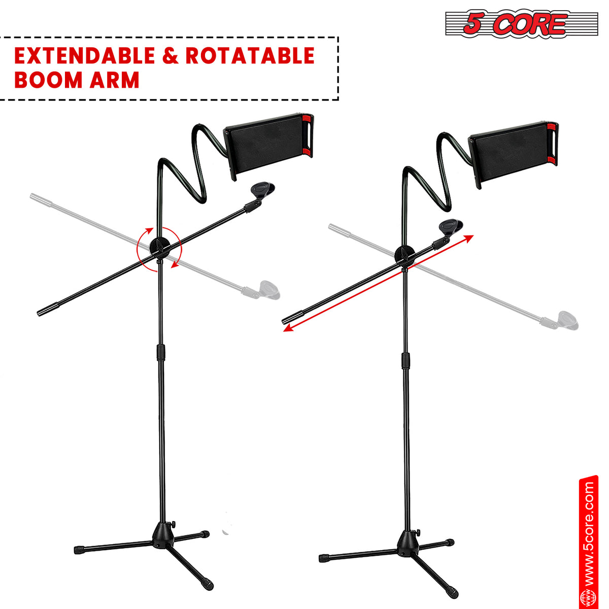 5 Core Mic Stand Pair with Tablet and Phone Holder, Adjustable Gooseneck Microphone Stand, Collapsible Tripod Boom Mic Stand With Mic Clip Holder & Phone Clamp for Singing, Karaoke, Studio MS MOB 2PCS