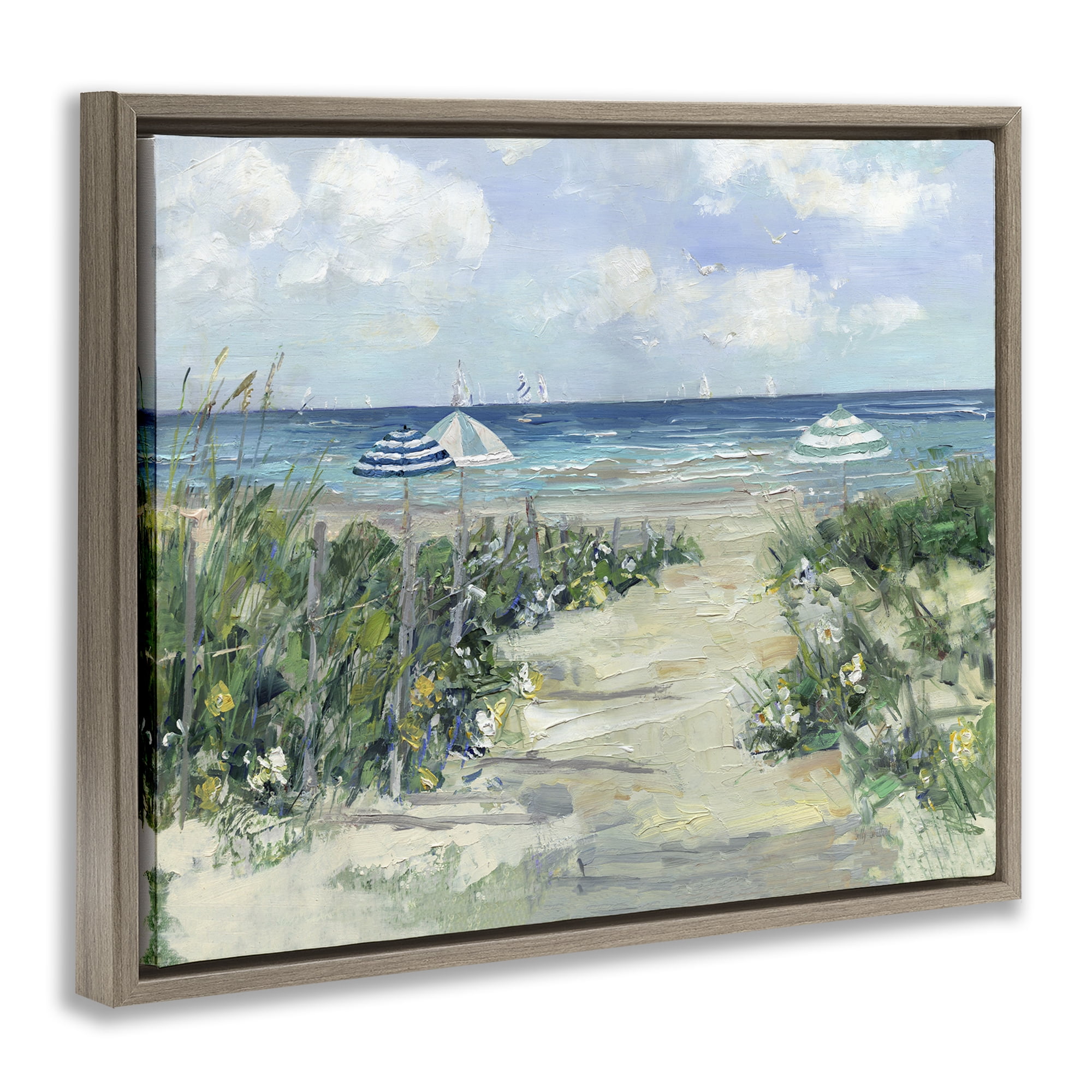 Stupell Industries Seaside Path To Striped Umbrellas Brown Framed Floater Canvas Wall Art, design by Sally Swatland